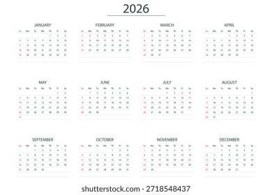 Conjunto de calendário 2026 modelo moderno vetor design. modelo do calendário de 2026. Diário do planejador corporativo e de negócios. A semana começa na segunda-feira. Conjunto de 12 meses de páginas. Planejador Mensal 2026 Minimalista 