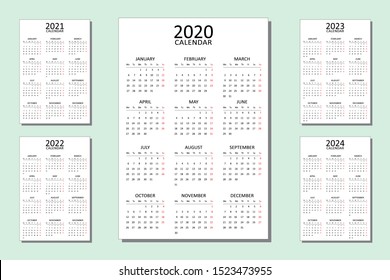 Conjunto de calendario para 5 años. Plantilla de impresión de diseño de vectores para 2020, 2021, 2022, 2023 y 2024. La semana empieza el lunes. 12 meses en una página. El estilo es sencillo y limpio. 