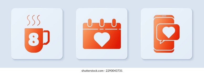 Establece el calendario con el 8 de marzo, la copa del café con el 8 de marzo y la aplicación de citas y chat en línea. Botón cuadrado blanco. Vector