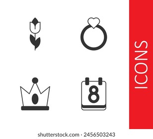 Set Calendar with 8 March, Flower tulip, King crown and Diamond engagement ring icon. Vector