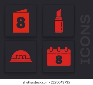 Fijar calendario con 8 de marzo, tarjeta de saludo con 8 de marzo, lápiz labial y icono de sombrero femenino elegante. Vector