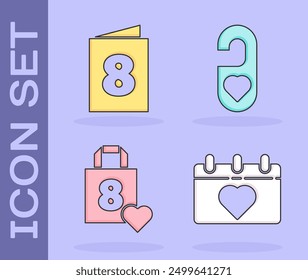 Set Calendar with 8 March, Greeting card with 8 March, Shopping bag with heart and Please do not disturb with heart icon. Vector