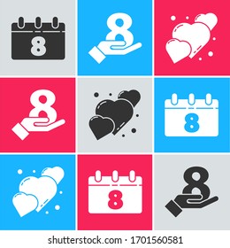 Set Calendar with 8 March, 8 March on hand and Heart icon. Vector