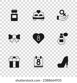 Set Calendar with 8 March, Perfume, Woman shoe, Heart, Female gender symbol, Bedroom and Gift bow icon. Vector