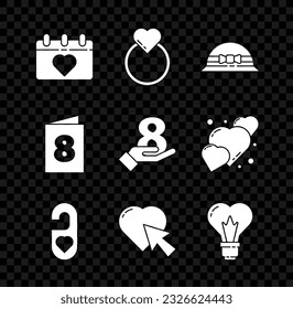 Set Calendar with 8 March, Wedding rings, Elegant women hat, Please do not disturb heart, Heart and cursor click, shape light bulb, Greeting card and on hand icon. Vector