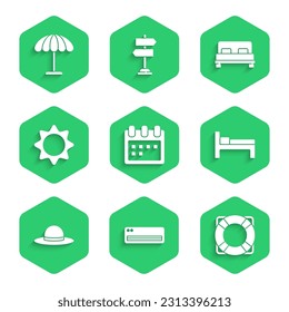 Set Calendar, Air conditioner, Lifebuoy, Bed, Elegant women hat, Sun, Big bed and protective umbrella for beach icon. Vector