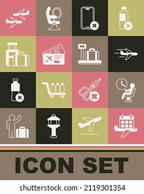 Set Calendar and airplane, Human waiting in airport terminal, Plane, No cell phone, Airline ticket, Suitcase,  and Scale with suitcase icon. Vector
