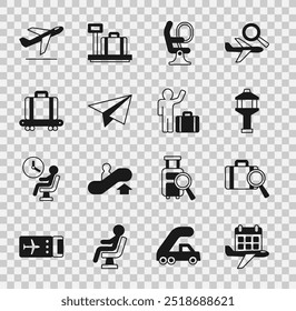 Set Calendar and airplane, Lost baggage, Airport control tower, Airplane seat, Paper, Conveyor belt with suitcase, Plane takeoff and Tourist icon. Vector