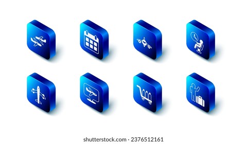 Set Calendar and airplane, Plane, Human waiting in airport terminal, Tourist with suitcase, Trolley baggage,  and  icon. Vector