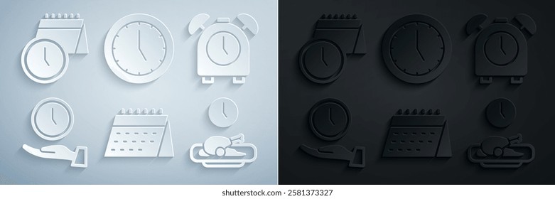 Set Calendar, Alarm clock, Clock, Food time,  and and icon. Vector