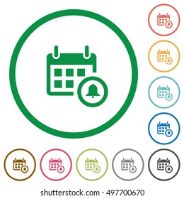 Set of calendar alarm color round outlined flat icons on white background