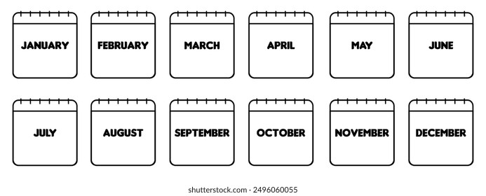 Set Calendar with all months. Twelve vector images with icons. Black outline with white background