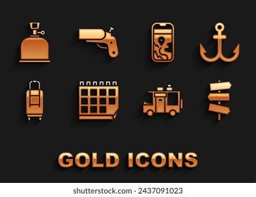 Set Kalender, Anker, Straßenverkehr Wegweiser, Rv Camping Anhänger, Koffer, Stadtplan Navigation, Gasherd und Flare Pistole Symbol. Vektor
