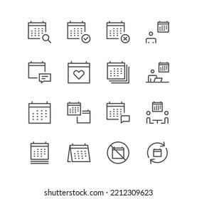 Set of calendar and appointment icons, date, working, schedule, date settings, meeting and linear variety vectors.
