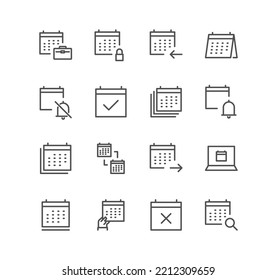 Conjunto de iconos de calendario y cita, fecha, trabajo, programación, configuración de fecha, reunión y vectores de variedad lineal.
