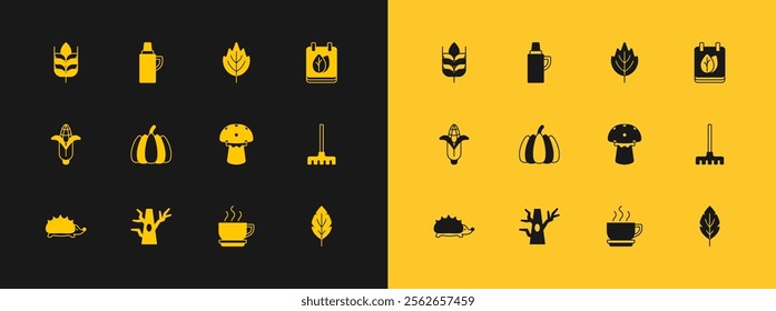 Set Calendar with autumn leaves, Bare tree, Mushroom, Coffee cup, Pumpkin, Leaf, Wheat and Thermos container icon. Vector