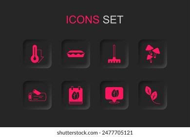 Set Calendar with autumn leaves, Homemade pie, Thermometer, Location leaf, Mushroom, Leaf, Garden rake and Wooden log icon. Vector