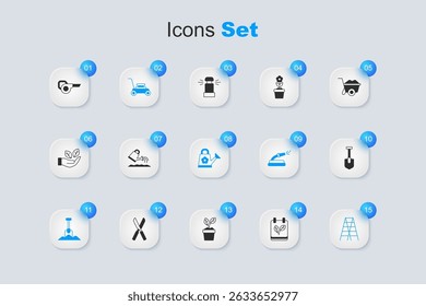 Set Calendar with autumn leaves, Watering can, Lawn mower, Shovel, Wooden staircase, Leaf garden blower and  icon. Vector