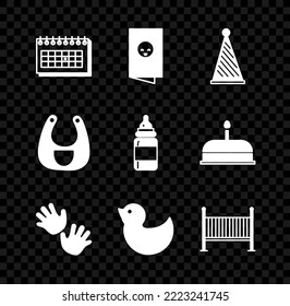 Set Calendar, Baby shower invitations card, poster, Party hat, hands print, Rubber duck, crib cradle bed, bib and bottle icon. Vector