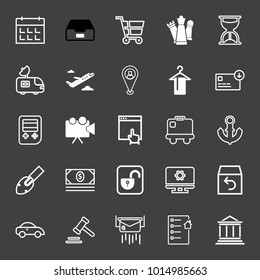 set of calendar, box, cart, chess, stopwatch, antenna, plane, location, cloth hanger, game, camera, click, baggage, anchor, shovel, cash dollar, lock, computer settings, car, law hammer vector icon