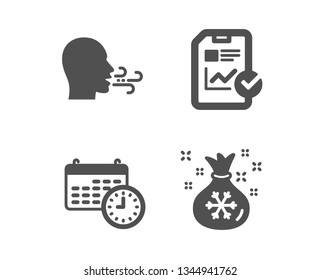 Set of Calendar, Breathing exercise and Report checklist icons. Santa sack sign. Time, Breath, Sales growth file. Gifts bag.  Classic design calendar icon. Flat design. Vector