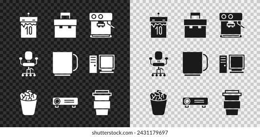 Set Calendar, Briefcase, Coffee machine, Full trash can, Movie, film, media projector, cup go, Office chair and  icon. Vector