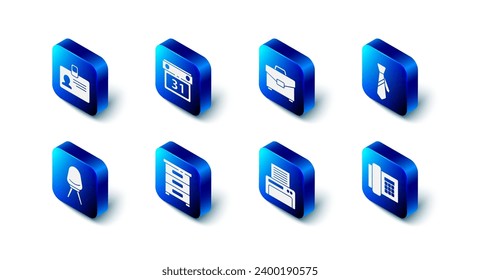 Set Calendar, Briefcase, Tie, Telephone, Printer, Drawer with documents, Office chair and Identification badge icon. Vector