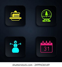 Set Calendar, Cake, Christmas snowman and globe. Black square button. Vector