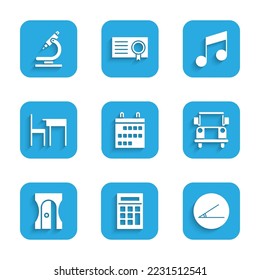 Set Calendar, Calculator, Acute angle, School Bus, Pencil sharpener, table and chair, Music note, tone and Microscope icon. Vector