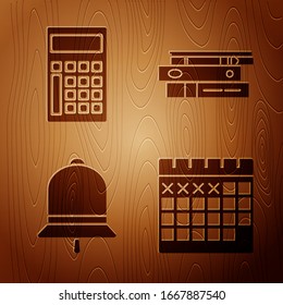 Set Calendar, Calculator, Ringing bell and Office folders with papers and documents on wooden background. Vector