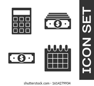 Set Calendar, Calculator, Stacks paper money cash and Stacks paper money cash icon. Vector