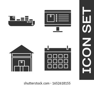 Establecer calendario , Envío de carga con servicio de entrega de cajas , Almacén y monitor de ordenador con icono de seguimiento de entrega de aplicaciones. Vector