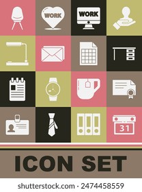 Set Calendar, Certificate Vorlage, Office Desk, Monitor mit Textarbeit, Envelope, Tischleuchte, Stuhl und File Document Symbol. Vektorgrafik