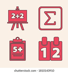 Set Calendar, Chalkboard, Sigma symbol and Test or exam sheet icon. Vector