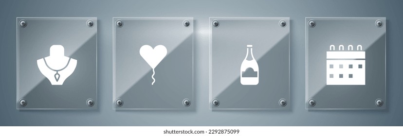 Set Calendar, Champagne bottle, Balloon in form of heart and Necklace mannequin. Square glass panels. Vector