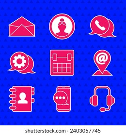 Establecer calendario, notificación de mensajes de chat por teléfono, auriculares, ubicación y correo electrónico, libreta de direcciones, chat de burbujas de voz, teléfono con voz e icono sobre. Vector