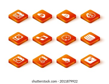 Stellen Sie Kalender mit dem Häkchen und der Uhr, HDD-Festplatte, Musiknote, Ton, Cloud-Synchronisierung und Uhrzeigersymbol 24 Stunden lang ein. Vektorgrafik