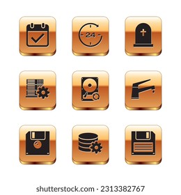 Calendar mit Häkchen, Disketten, Datenbankserver einrichten, HDD-Synchronisierung aktualisieren, Servereinstellung und Tombstone-Cross-Symbol einstellen. Vektorgrafik