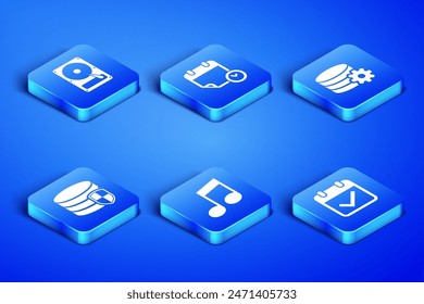 Set Calendar with check mark, Hard disk drive HDD, Music note, tone, Database protection, and clock and Setting database server icon. Vector