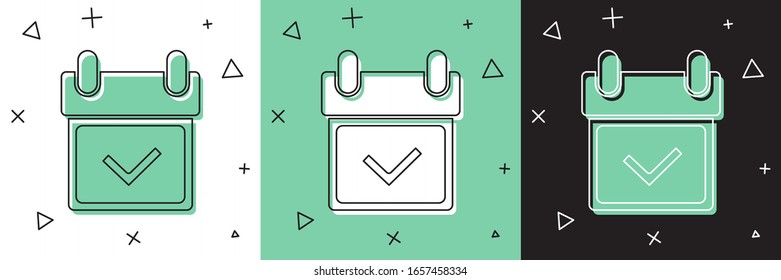 Establecer calendario con icono de marca de verificación aislado en fondo blanco y verde y negro.  Ilustración vectorial