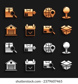 Set Calendar with check mark, Push pin, Carton cardboard box, Search package, Warehouse, Location the globe, Envelope magnifying glass and Cardboard traffic symbol icon. Vector