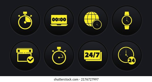 Set Calendar with check mark, Wrist watch, Stopwatch, Clock 24 hours, World time, on laptop,  and  icon. Vector