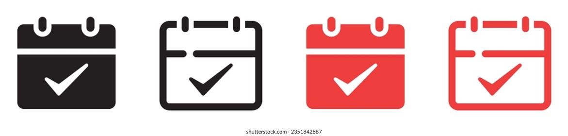 Set of calendar checked icons. Calendar with check mark. Schedule, upcoming event, management and time. Event schedule sign, save the date. Day, month, date, time event organizer symbol. Vector.