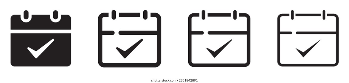 Set of calendar checked icons. Calendar with check mark. Schedule, upcoming event, management and time. Event schedule sign, save the date. Day, month, date, time event organizer symbol. Vector.