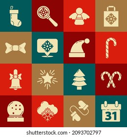 Set Calendar, Christmas candy cane with stripes, angel, Snowflake speech bubble, Bow tie, stocking and Santa Claus hat icon. Vector