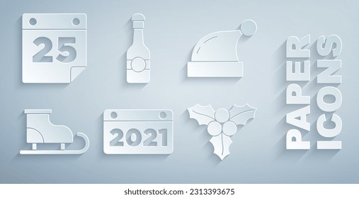 Set Calendar, Christmas Santa Claus hat, Figure skates, Branch viburnum, Champagne bottle and  icon. Vector