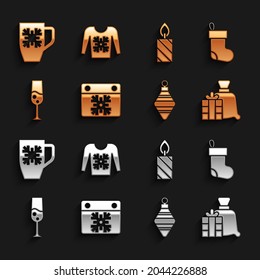 Set Calendar, Christmas stocking, Santa Claus bag gift, ball, Glass of champagne, Burning candle, Coffee cup with snowflake and sweater icon. Vector