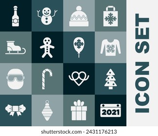 Set Calendar, Christmas tree, sweater, Winter hat, Holiday gingerbread man cookie, Figure skates, Champagne bottle and Balloons with snowflake icon. Vector