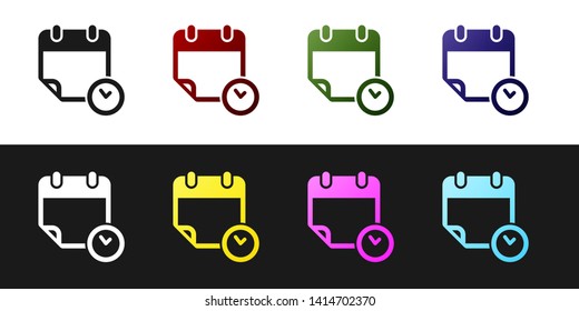 Set Calendar and clock icon isolated on black and white background. Schedule, appointment, organizer, timesheet, time management, important date. Vector Illustration