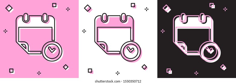 Set Calendar and clock icon isolated on pink and white, black background. Schedule, appointment, organizer, timesheet, time management, important date.  Vector Illustration